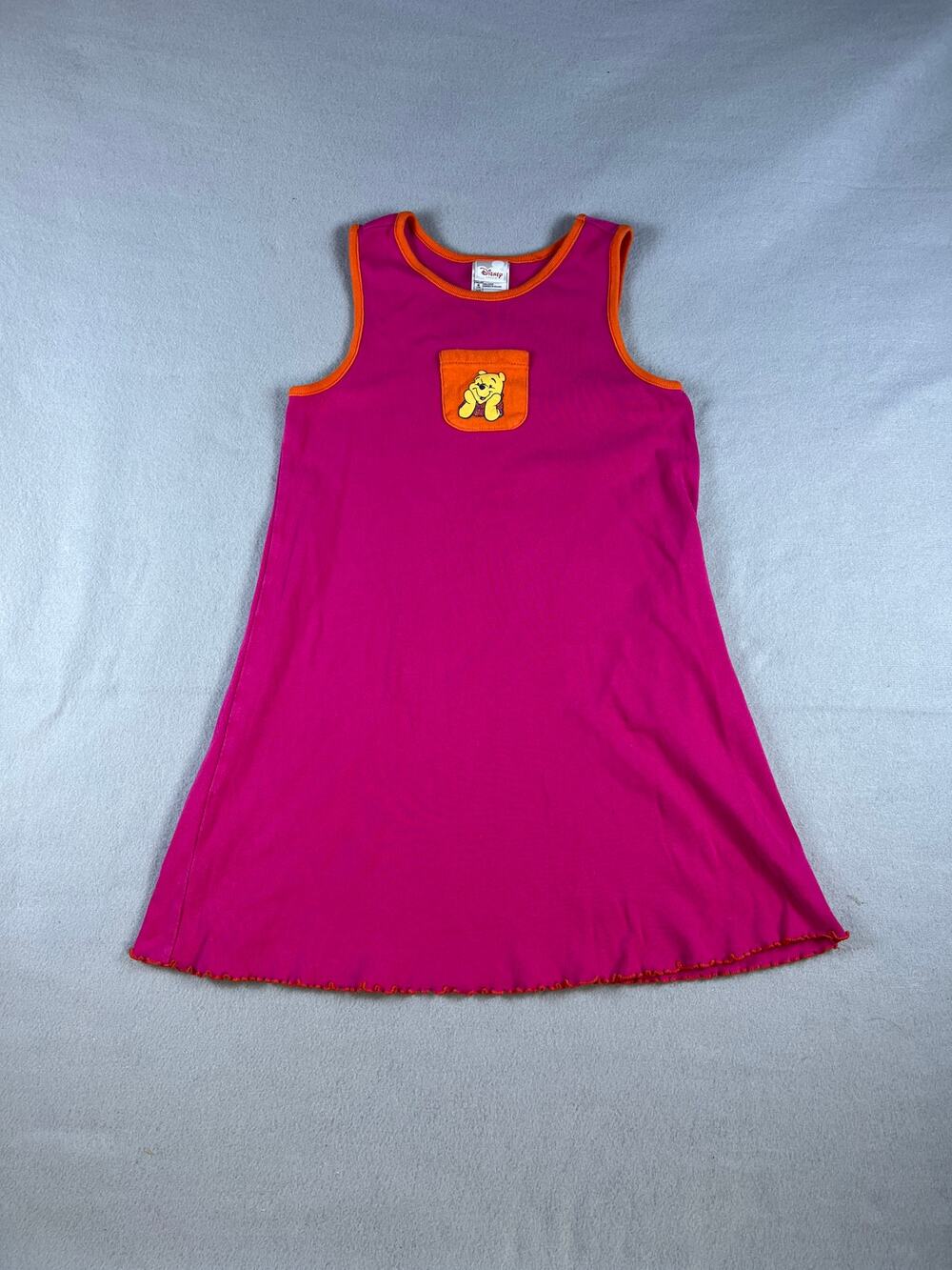 Vintage Disney Tank Dress Girls M 7/8 Pink Winnie The Pooh Lettuce Hem Flowy